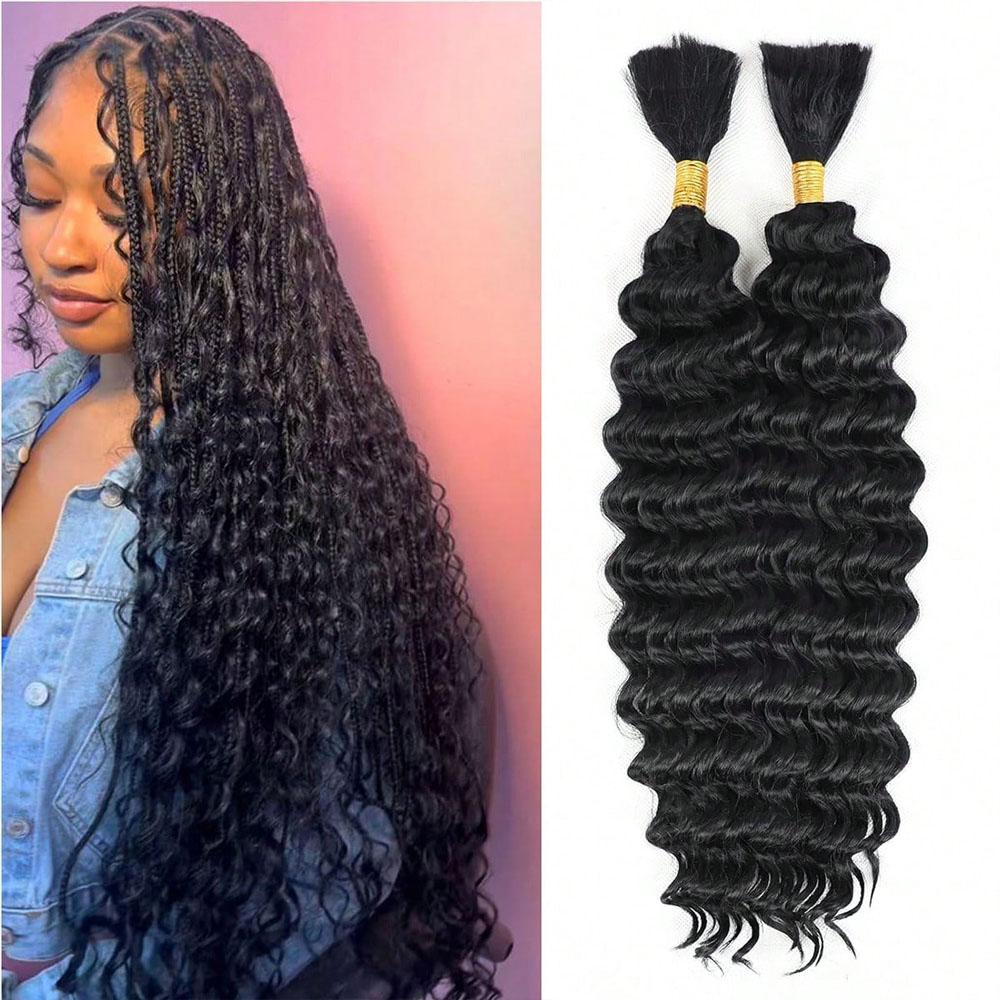 Hair Care Wavy Hair - 28インチ人毛ブレイズ用ヘアエクステ、ボヘミアンブレイズ用ディープウェーブバルク人毛カーリーヘア、ウェフトなし12Aウェットアンドウェイビー人毛ブレイズ用エクステ、ウェフトなし110g 2束/パック ナチュラルブラックカラー